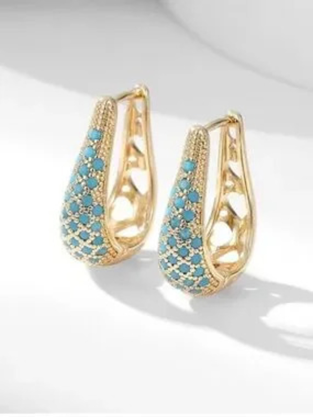 Vintage Style Heirloom Turquoise Gold Huggie Earrings